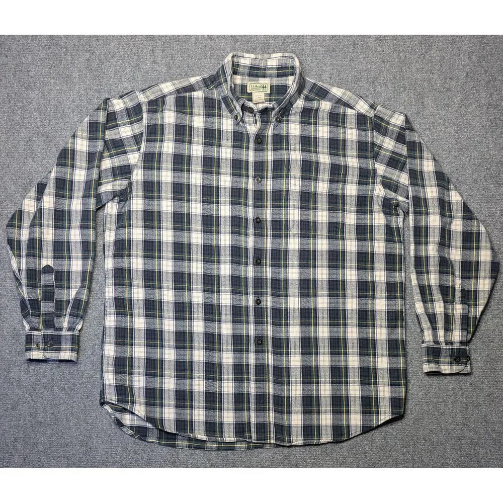 L.L. Bean Men's 100% Cotton Flannel Short Plaid Blue White Yellow Size Large Reg